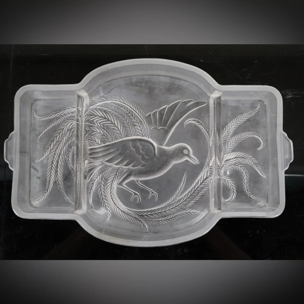 Frosted Glass Dishes Divided Serving Tray With Bird Motif. 1 1/2"H X  12”